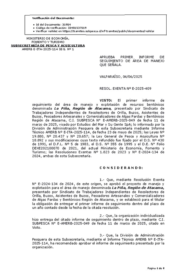 RESOL. EXENTA Nº E-2025-409 Aprueba primer informe de seguimiento. (Publicado en Página Web 05-06-2025)