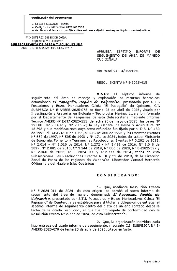 RESOL. EXENTA Nº E-2025-415 Aprueba séptimo informe de seguimiento. (Publicado en Página Web 05-06-2025)