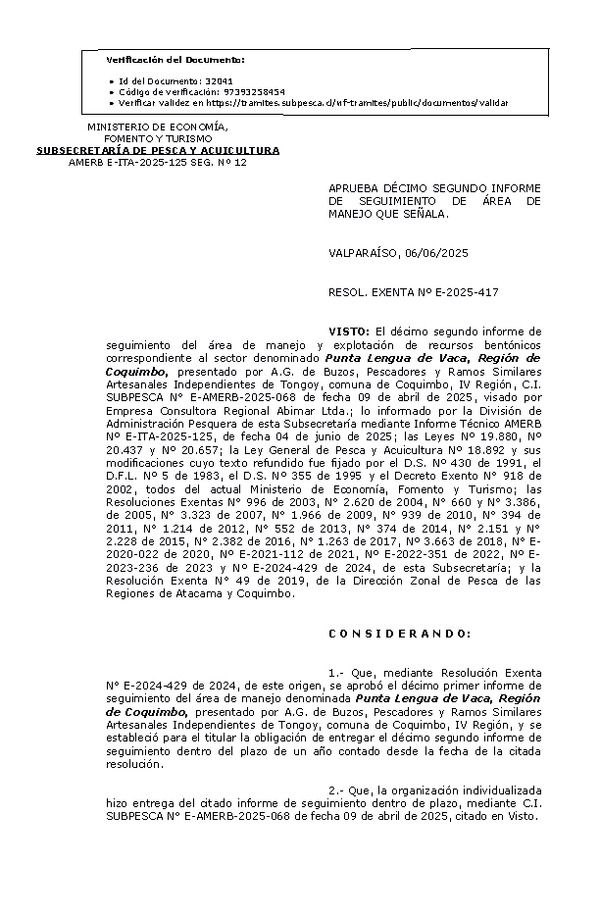 RES. EX. Nº E-2025-417 Aprueba décimo segundo informe de seguimiento. (Publicado en Página Web 09-06-2025)