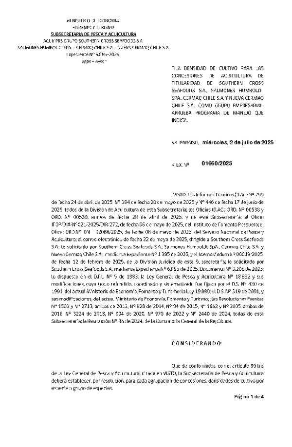 Res. Ex. N° 1660-2025 Fija densidad de cultivo para las concesiones de acuicultura de titularidad de Southern Cross Seafoods S.A., Salmones Humboldt SpA., Cermaq Chile S.A. y Nueva Cermaq Chile S.A. como grupo Empresarial. Aprueba programa de manejo que indica. (Con Informe Técnico) (Publicado en Página Web 03-07-2025)