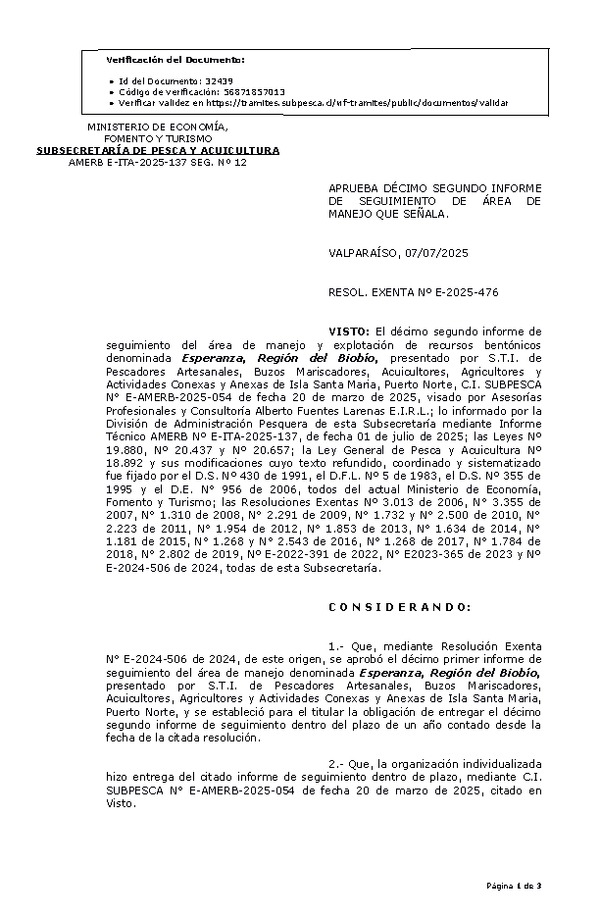 RESOL. EXENTA Nº E-2025-476 Aprueba décimo segundo informe de seguimiento. (Publicado en Página Web 09-07-2025)