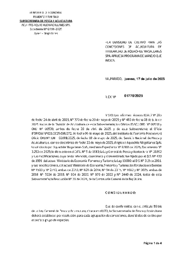 Res. Ex. N° 1770-2025 Fija densidad de cultivo para las concesiones de acuicultura de titularidad de Aquachile Magallanes SpA. Aprueba programa de manejo que indica. (Con Informe Técnico) (Publicado en Página Web 18-07-2025)