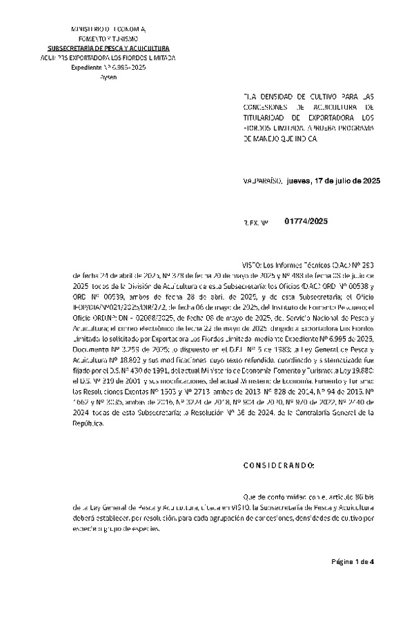 Res. Ex. N° 1774-2025 Fija densidad de cultivo para las concesiones de acuicultura de titularidad de Exportadora Los Fiordos Limitada. Aprueba programa de manejo que indica. (Con Informe Técnico) (Publicado en Página Web 18-07-2025)