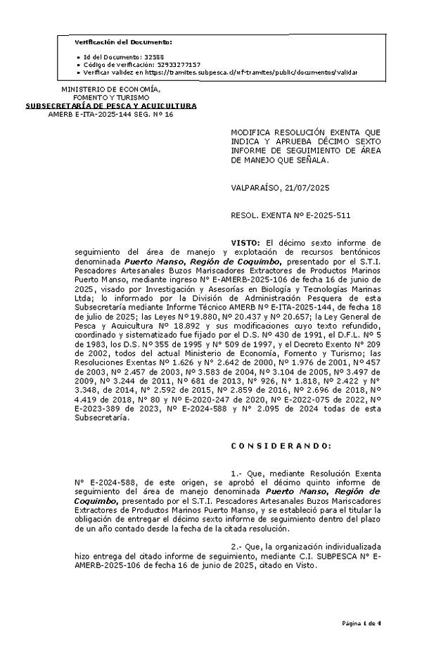 RES. EX. Nº E-2025-511 Modifica resolución que indica, Aprueba décimo sexto informe de seguimiento. (Publicado en Página Web 21-07-2025)
