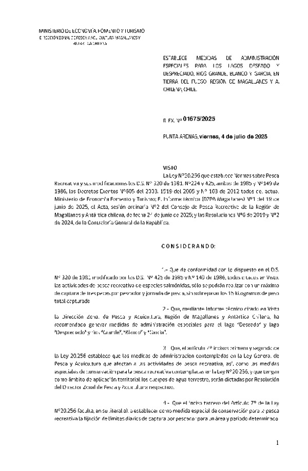 Res. Ex. N° 1675-2025 Establece Medidas de Administración Especiales Para Especies Salmonídeas en los Lagos Deseado y Despreciado, Ríos Grande, Blanco y García, en Tierra del Fuego, Región de Magallanes y A. Chilena, Chile. (Publicado en Página Web 23-07-2025) (F.D.O. 22-07-2025)
