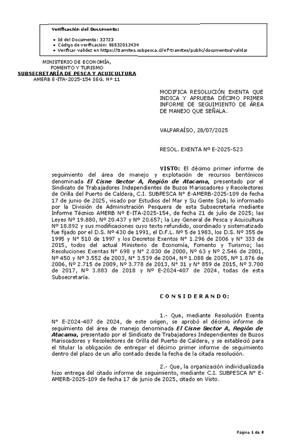 RESOL. EXENTA Nº E-2025-523 Modifica resolución que indica, aprueba décimo primer informe de seguimiento. (Publicado en Página Web 29-07-2025)
