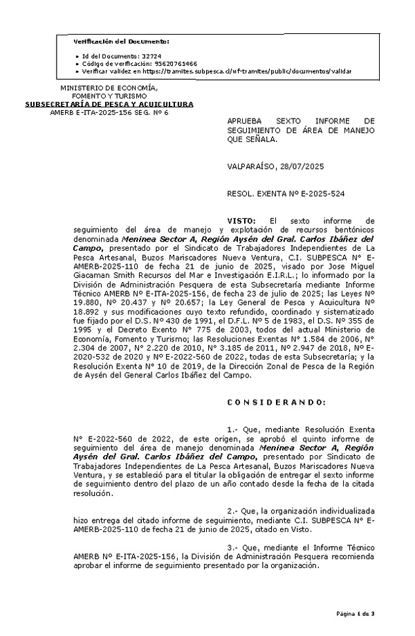 RESOL. EXENTA Nº E-2025-524 Aprueba sexto informe de seguimiento. (Publicado en Página Web 29-07-2025)