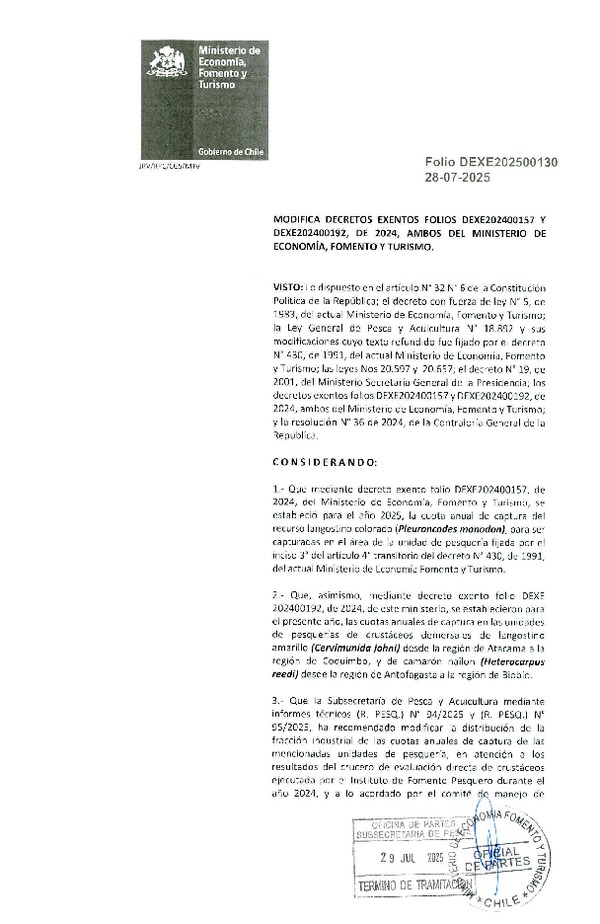 Dec. Ex. Folio 202500130 Modifica Dec. Ex. Folio 202400157 Establece Cuota Anual de Captura de la especie Langostino Colorado de Área de Pesca que Indica, año 2025. (Publicado en Página Web 30-07-2025)