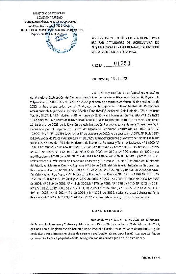 Res. Ex. N° 1753-2025, Aprueba Proyecto Técnico y Autoriza para Realizar Actividades de Acuicultura de Pequeña Escala Experimental en Área de Manejo Algarrobo Sector A, Región de Valparaíso. (Publicado en Página Web 17-07-2025)