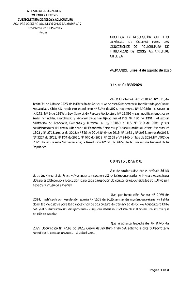 Res. Ex. N° 1869-2025 Modifica Res. Ex. N° 2169-2024 que Fijó densidad de cultivo para las concesiones de acuicultura de titularidad de Cooke Aquaculture Chile S.A.(Con Informe Técnico)(Publicado en Página Web 04-08-2025)