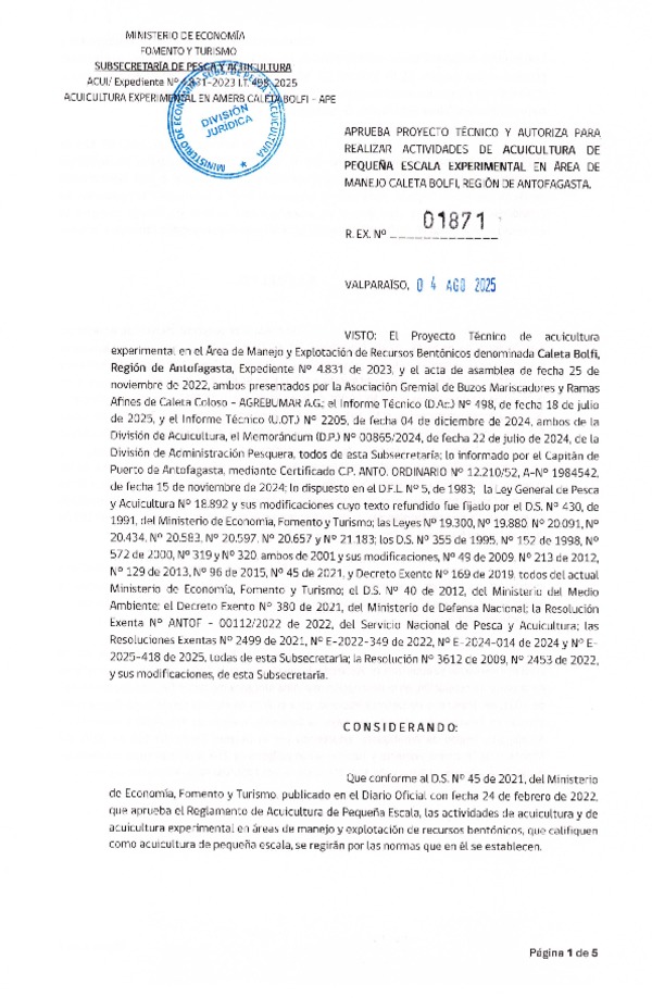 Res. Ex. N° 1871-2025, Aprueba Proyecto Técnico y Autoriza para Realizar Actividades de Acuicultura de Pequeña Escala Experimental en Área de Manejo Caleta Bolfi, Región de Antofagasta. (Publicado en Página Web 04-08-2025)