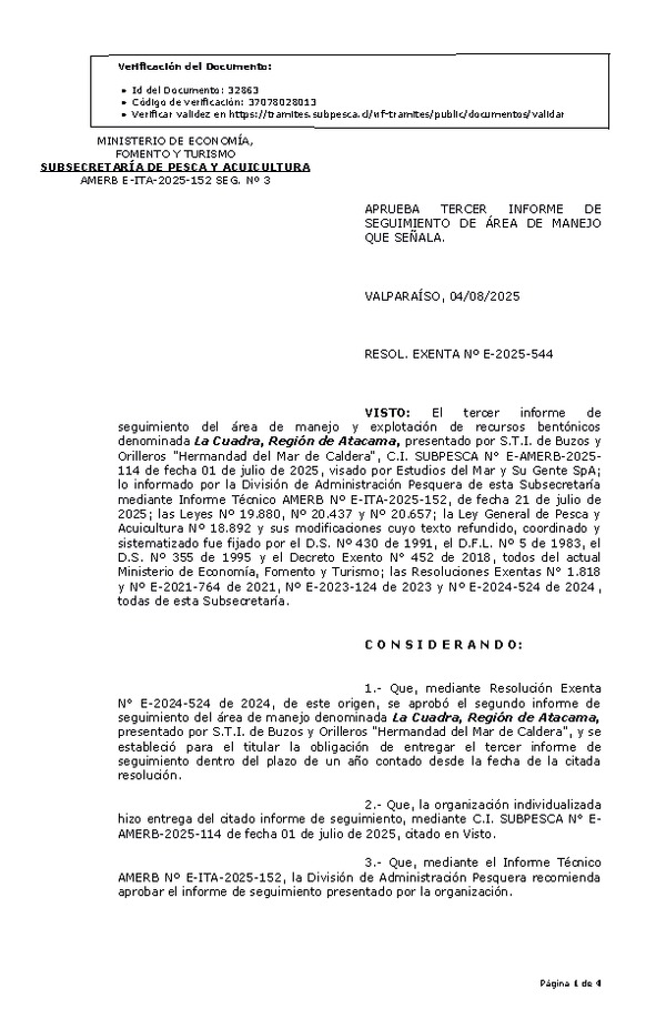 RESOL. EXENTA Nº E-2025-544 Aprueba 3° Seguimiento. (Publicado en Página Web 04-08-2025)