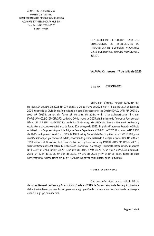 Res. Ex. N° 1773-2025 Fija densidad de cultivo para las concesiones de acuicultura de titularidad de Empresas Aquachile S.A. (Con Informe Técnico) (Publicado en Página Web 17-07-2025)