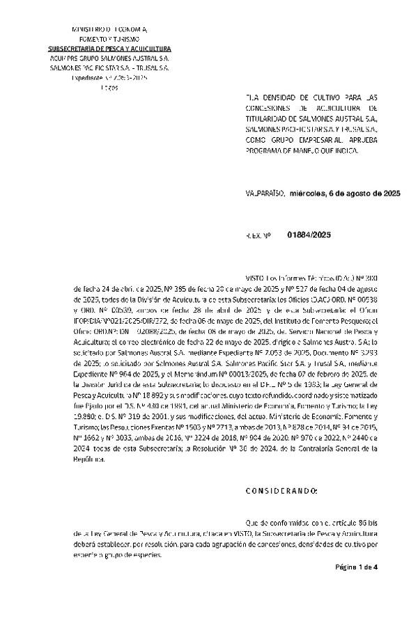 Res. Ex. N° 1884-2025 Fija densidad de cultivo para las concesiones de acuicultura de titularidad de Salmones Austral S.A., Salmones Pacificstar S.A. Y Trusal S.A. Como grupo empresarial. Aprueba programa de manejo que indica. (Con Informe Técnico) (Publicado en Página Web 06-08-2025)