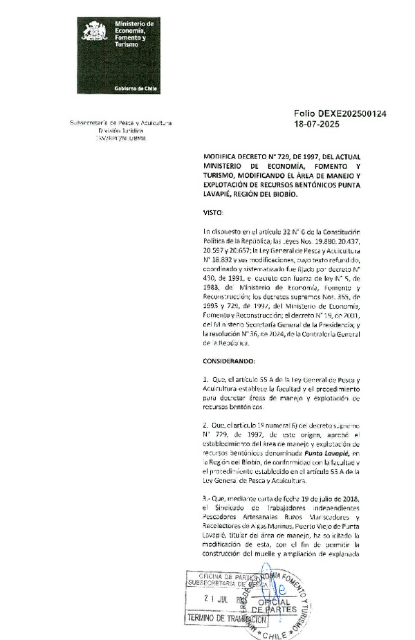Dec. Ex. Folio 202500124 Modifica D.S. N° 729-1997 Reduciendo el Área de Manejo, Región del Biobío. (Publicado en Página Web 12-08-2025) (F.D.O. 02-08-2025)