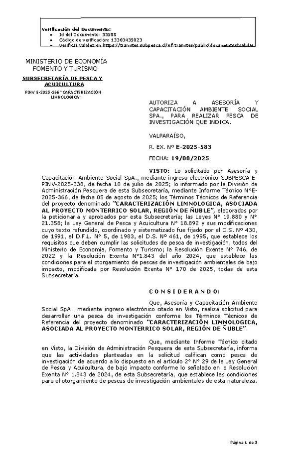 R. EX. Nº E-2025-583 AUTORIZA A ASESORÍA Y CAPACITACIÓN AMBIENTE SOCIAL SPA., PARA REALIZAR PESCA DE INVESTIGACIÓN QUE INDICA. (Publicado en Página Web 19-08-2025)