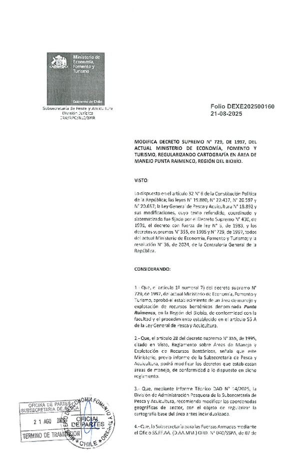 Dec. Ex. N° Folio 202500160 Modifica Decreto Supremo N° 729-1997, Regularizando Cartografía en Área de Manejo y Explotación de Recursos Bentónicos Punta Raimenco, Región del Bibío. (Publicado en Página Web 26-08-2025)
