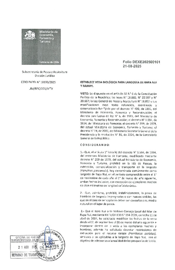Dec. Ex. N° Folio 202500161 Establece Veda Biológica para Langosta de Rapa Nui y Rarape. (Publicado en Página Web 26-08-2025)