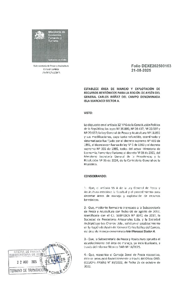 Dec. Ex. N° Folio 202500163 Establece Área de Manejo y Explotación de Recursos Bentónicos Para la Región de Aysén del General Carlos Ibáñez del Campo Denominada Punta Isla Marcacci Sector A. (Publicado en Página Web 26-08-2025)