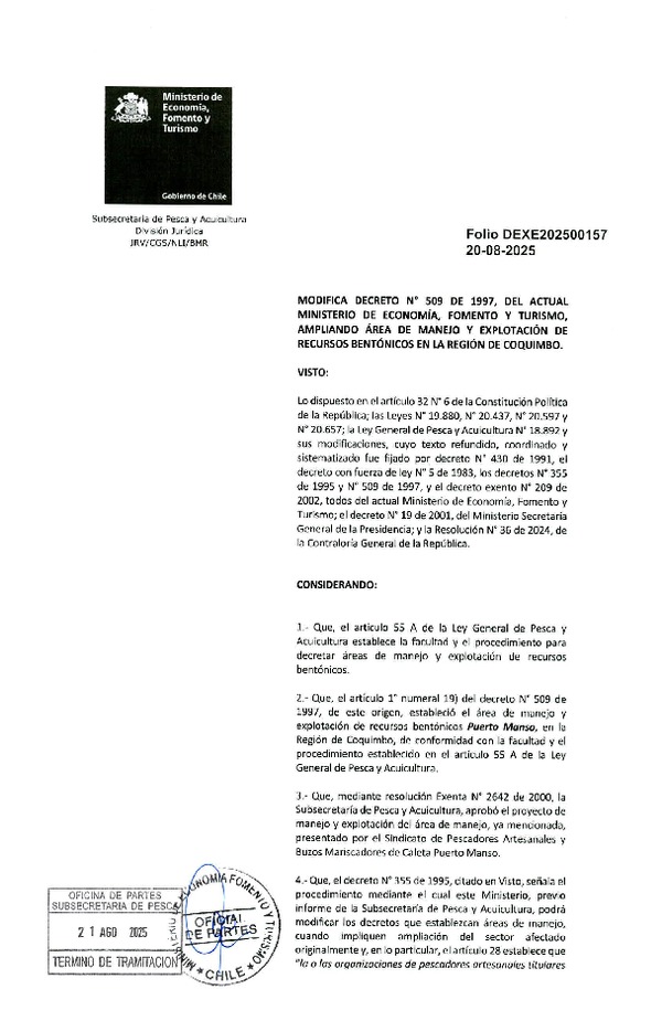 Dec. Ex. Folio 202500157 Modifica D.S. Nº 509-1997 Área de Manejo, Región de Coquimbo. (Publicado en Página Web 28-08-2025)