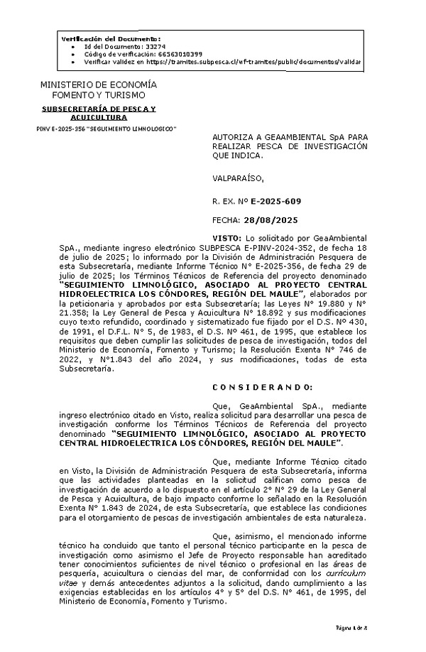 R. EX. Nº E-2025-609 AUTORIZA A GEAAMBIENTAL SpA PARA REALIZAR PESCA DE INVESTIGACIÓN QUE INDICA. (Publicado en Página Web 29-08-2025)