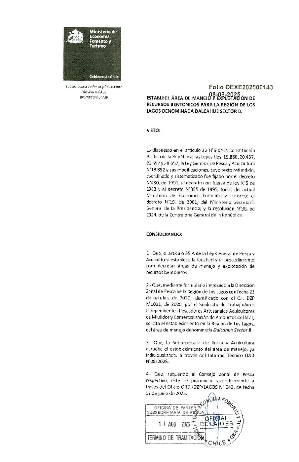 Dec. Ex. N° Folio 202500143 Establece Área de Manejo y Explotación de Recursos Bentónicos Para la Región de Los Lagos Denominada Dalcahue Sector D. (Publicado en Página Web 30-08-2025) (F.D.O. 30-08-2025)