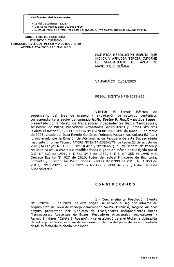 RESOL. EXENTA Nº E-2025-621 Modifica resolución que indica, Aprueba tercer informe de seguimiento. (Publicado en Página Web 03-09-2025)