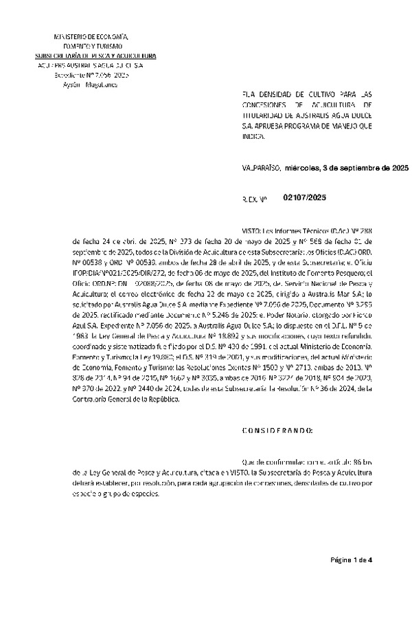 Res. Ex. N° 2107-2025 Fija densidad de cultivo para las concesiones de acuicultura de titularidad de Australis Agua Dulce S.A. Aprueba programa de manejo que indica. (Con Informe Técnico) (Publicado en Página Web 03-09-2025)