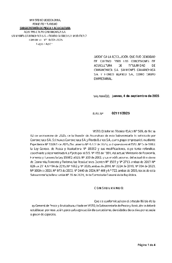Res. Ex. N° 2111-2025 Modifica Res. Ex. N° 466-2025 Fija densidad de cultivo para las concesiones de acuicultura de titularidad de Camanchaca S.A., Salmones Camanchaca S.A. y Fiordo Blanco S.A. como grupo empresarial. Aprueba programa de manejo que indica. (Con Informe Técnico) (Publicado en Página Web 05-09-2025)