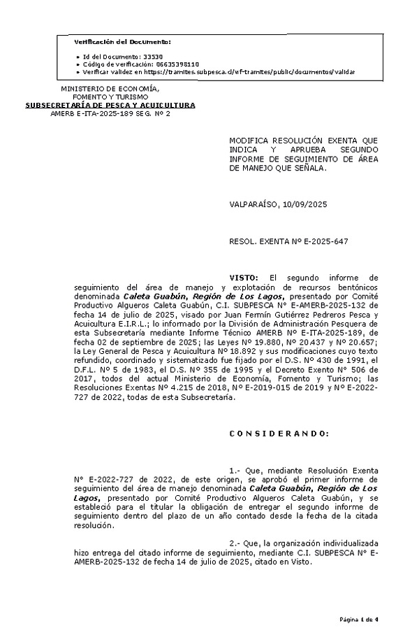 RESOL. EXENTA Nº E-2025-647 Modifica resolución que indica, aprueba segundo informe de seguimiento. (Publicado en Página Web 11-09-2025)