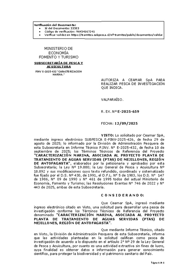 R. EX. Nº E-2025-659 AUTORIZA A CEAMAR SpA PARA REALIZAR PESCA DE INVESTIGACIÓN QUE INDICA.  (Publicado en Página Web 15-09-2025)