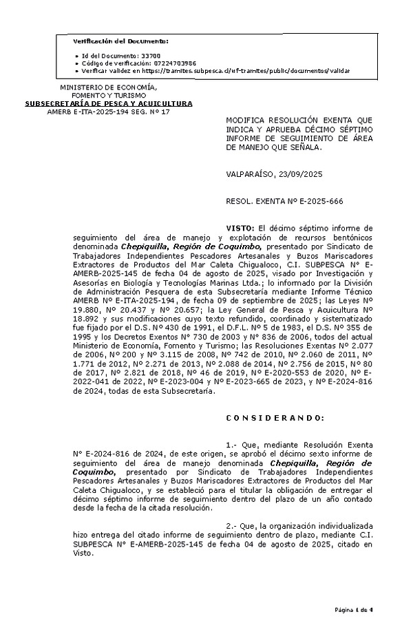 RESOL. EXENTA Nº E-2025-666 Modifica resolución que indica, aprueba décimo séptimo informe de seguimiento. (Publicado en Página Web 23-09-2025)