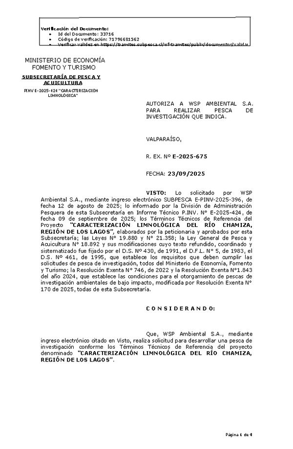 R. EX. Nº E-2025-675 AUTORIZA A WSP AMBIENTAL S.A. PARA REALIZAR PESCA DE INVESTIGACIÓN QUE INDICA. (Publicado en Página Web 23-09-2025)