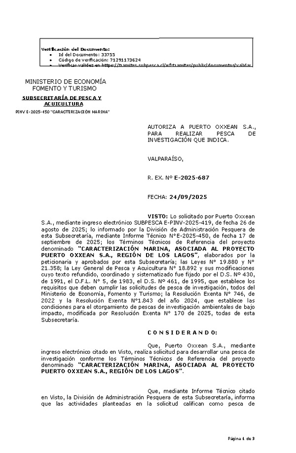 R. EX. Nº E-2025-687 AUTORIZA A PUERTO OXXEAN S.A., PARA REALIZAR PESCA DE INVESTIGACIÓN QUE INDICA. (Publicado en Página Web 24-09-2025)