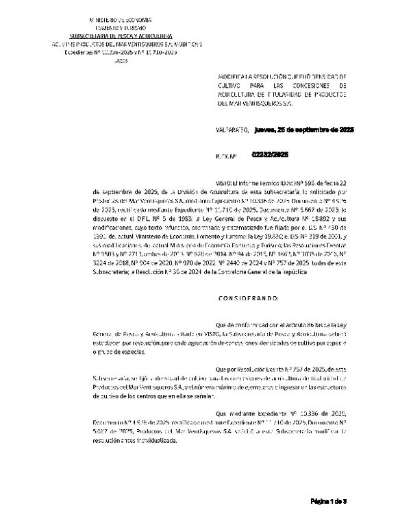 Res. Ex. N° 2232-2025 Modifica Res. Ex. N° 757-2025 Fija densidad de cultivo para las concesiones de acuicultura de titularidad de Productos del Mar Ventisqueros S.A. Aprueba programa de manejo que indica. (Con Informe Técnico) (Publicado en Página Web 25-09-2025)