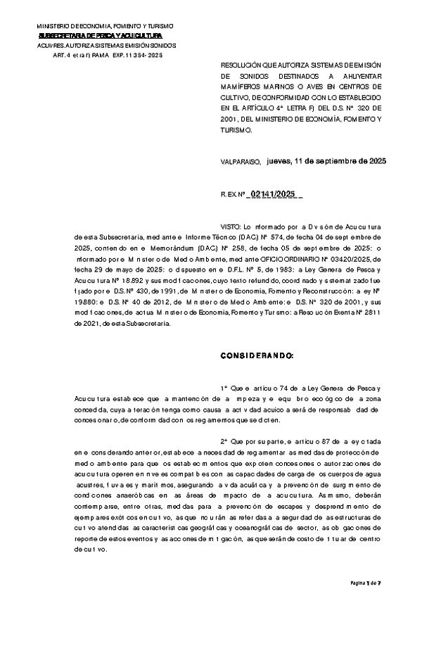 Res. Ex. N° 2141-2025 Resolución que Autoriza Sistemas de Emisión de Sonidos Destinados a Ahuyentar Mamíferos Marinos o aves en Centros de Cultivo, en Conformidad con lo Establecido en el Artículo 4° Letra F) del D.S. N° 320 de 2001, del Ministerio de Economía, Fomento y Turismo. (Con Informe Técnico) (Publicado en Página Web 29-09-2025) (F.D.O. 27-09-2025)