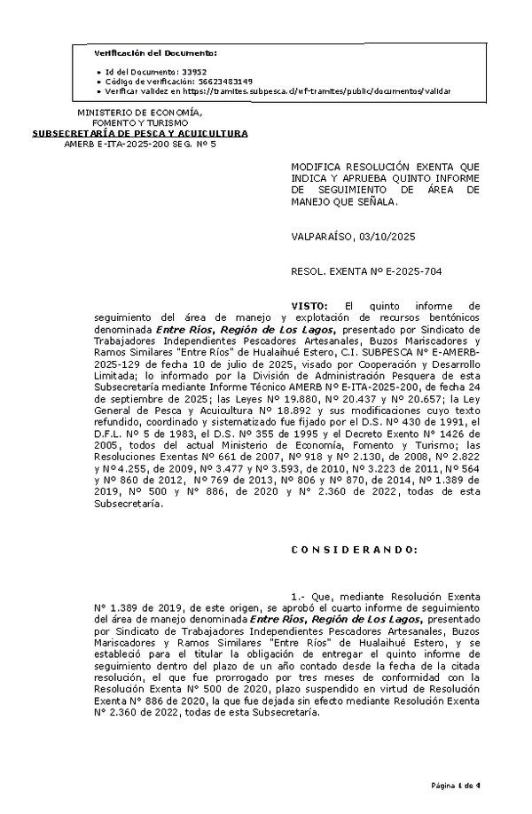 RESOL. EXENTA Nº E-2025-704 Modifica resolución que indica, aprueba quinto informe de seguimiento. (Publicado en Página Web 07-10-2025)