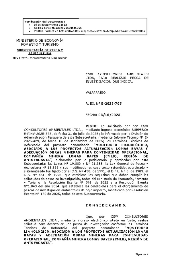 R. EX. N° E-2025-705 CSW CONSULTORES AMBIENTALES LTDA, PARA REALIZAR PESCA DE INVESTIGACIÓN QUE INDICA. (Publicado en Página Web 07-10-2025)