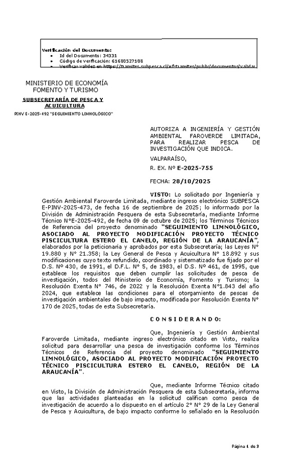 R. EX. Nº E-2025-755 AUTORIZA A INGENIERÍA Y GESTIÓN AMBIENTAL FAROVERDE LIMITADA, PARA REALIZAR PESCA DE INVESTIGACIÓN QUE INDICA. (Publicado en Página Web 29-10-2025)
