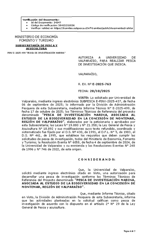 R. EX. Nº E-2025-763 AUTORIZA A UNIVERSIDAD DE VALPARAÍSO, PARA REALIZAR PESCA DE INVESTIGACIÓN QUE INDICA. (Publicado en Página Web 29-10-2025)
