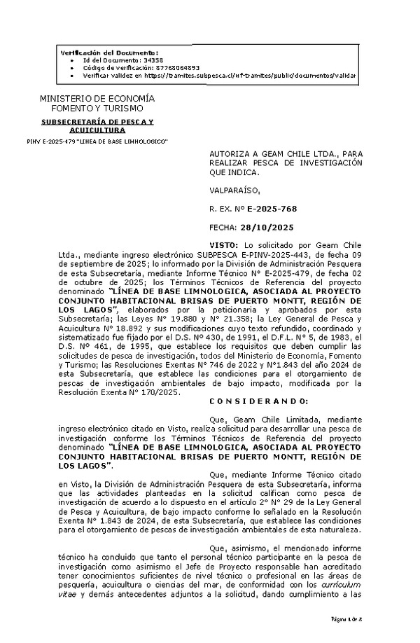 R. EX. Nº E-2025-768 AUTORIZA A GEAM CHILE LTDA., PARA REALIZAR PESCA DE INVESTIGACIÓN QUE INDICA. (Publicado en Página Web 30-10-2025)