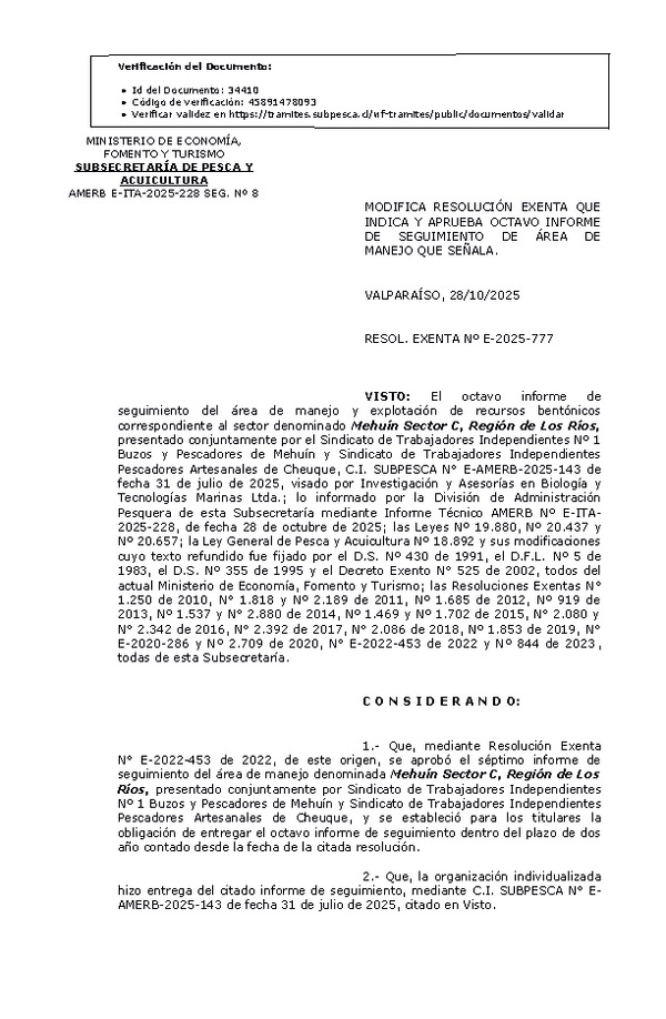 RESOL. EXENTA Nº E-2025-777 Modifica Resolución que Indica, aprueba octavo informe de seguimiento. (Publicado en Página Web 30-10-2025)