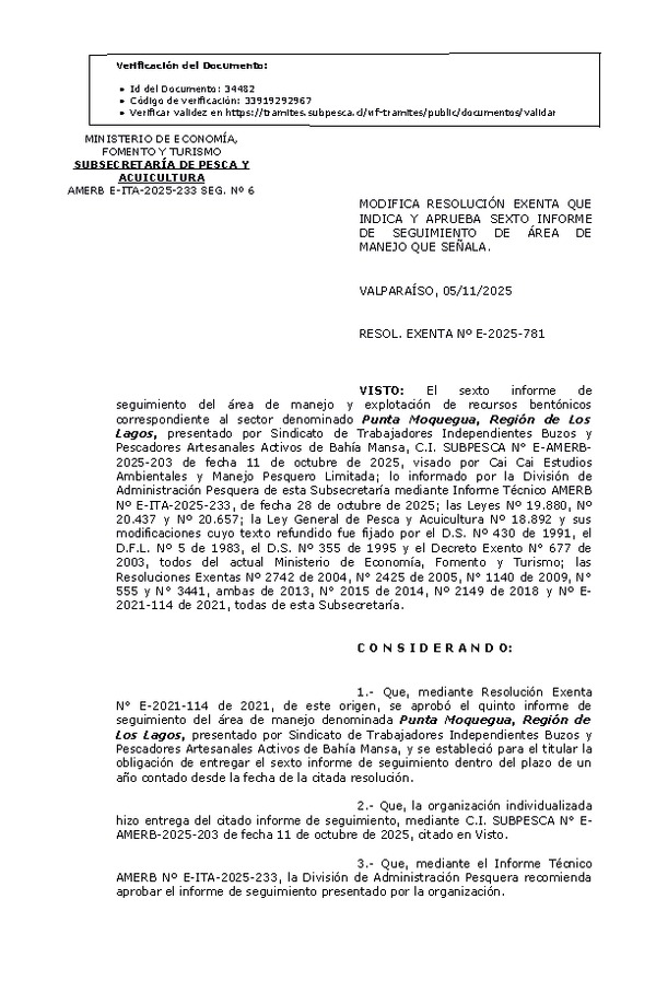 RES. EX. Nº E-2025-781 Modifica resolución que indica, aprueba sexto informe de seguimiento. (Publicado en Página Web 05-11-2025)