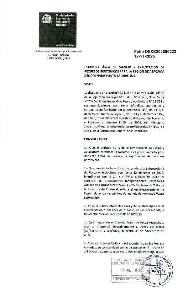 Dec. Ex. N° Folio 202500223 Establece Área de Manejo y Explotación de Recursos Bentónicos para la Región de Atacama Denominada Punta Salinas Sur. (Publicado en Página Web 13-11-2025)