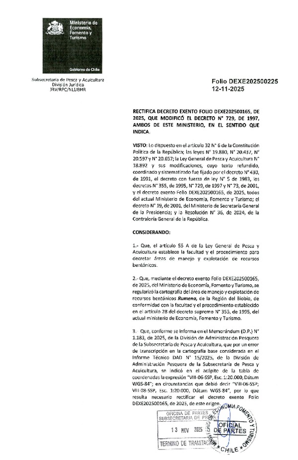 Dec. Ex. N° Folio 202500225 Rectifica Dec. Ex. N° Folio 202500165 Modifica Decreto Supremo N° 729-1997, Regularizando Cartografía en Área de Manejo y Explotación de Recursos Bentónicos Rumena, Región del Biobío. (Publicado en Página Web 13-11-2025)