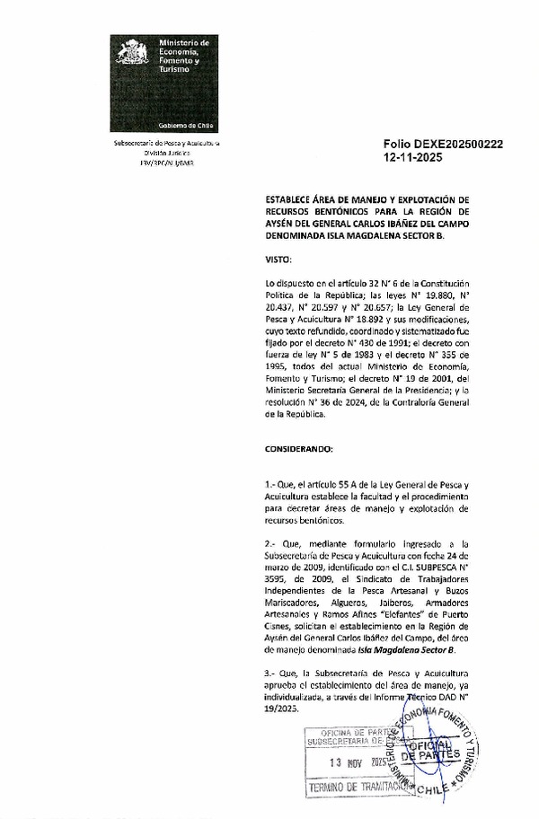 Dec. Ex. N° Folio 202500222 Establece Área de Manejo y Explotación de Recursos Bentónicos para la Región de Aysén del General Carlos Ibáñez del Campo Denominada Isla Magdalena Sector B. (Publicado en Página Web 14-11-2025)