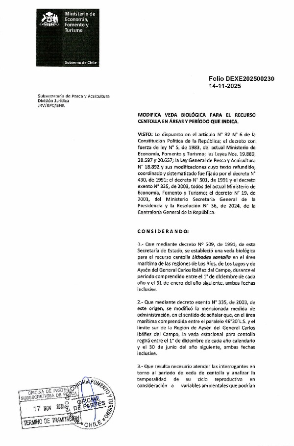 Dec. Ex. Folio 202500230 Modifica N° 509-1991 Veda Biológica Recurso Centolla, Regiones de Los Ríos, Los Lagos y de Aysén del General Carlos Ibáñez del Campo. (Publicado en Página Web 18-11-2025)
