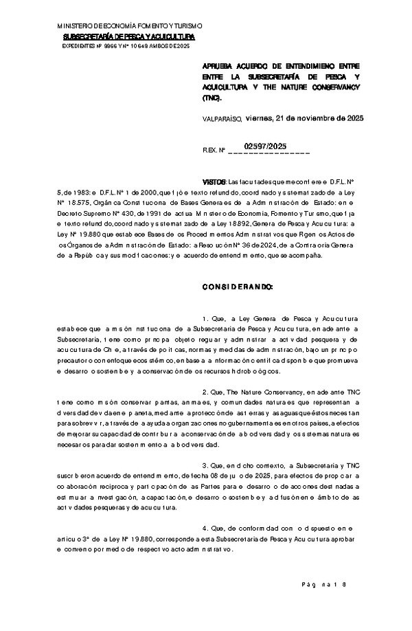 Res. Ex. N° 2597-2025 Aprueba Acuerdo de Entendimiento Entre la Subsecretaría de Pesca y Acuicultura y The Narure Conservancy (TNC) (Publicado en Página Web 28-11-2025)