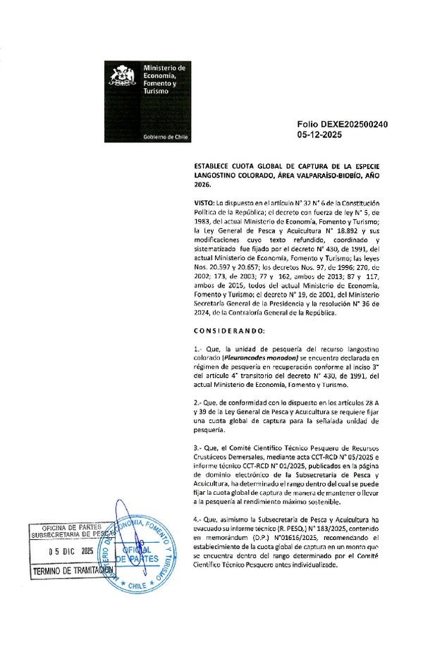 Dec. Ex. Folio 202500240 Establece Cuota Global de Captura de la especie Langostino Colorado, Área Valparaíso-Biobío, año 2026. (Publicado en Página Web 09-12-2025)