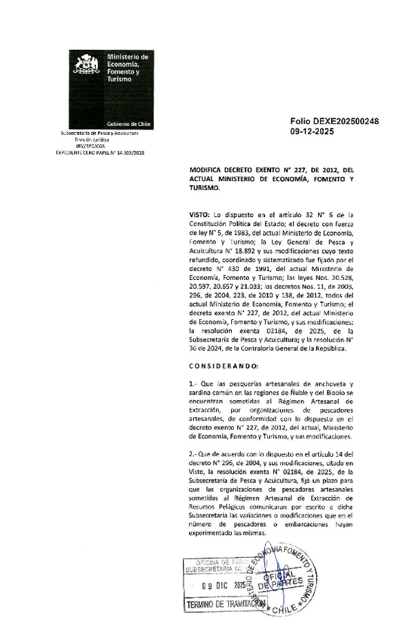Dec. Ex. Folio Nº 202500248 Modifica Dec. Ex. Nº 227-2012, del actual Ministerio de Economía, Fomento y Turismo. (Publicado en Página Web 09-12-2025)